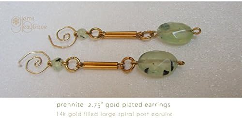 GemsBeautique Aquarelle Long Double Bar Gold Drop Post 2.75" Earrings. Translucent Prehnite Gemstone. 14k gold filled pendant style spiral studs