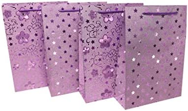 Haute Soiree - 4 Pack - Medium Sized High Quality Luxurious Shimmering Purple Gift Bag Set with Rope Handles - Includes 2 Floral and 2 Star Designs - Perfect for Birthday Parties and Presents