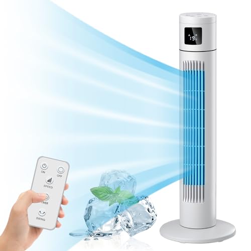 AXIDUN Ventilador de Torre 84 cm/33", Ventilador de Torre Silencioso de 3 Velocidades con Control Remoto, 12h Timer, Ventilador sin Aspas, Oscilación de 120° Ventilador de Pie Vertical.