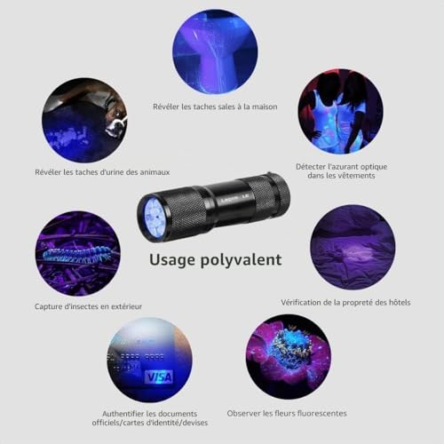 Lighting EVER Lepro UV Lamp, 395nm UV LED Black Light Ultraviolet Light, 6 AAA Batteries Included for Fluorescent Tracers Dog Cat Mat Urine Detector Scorpion Checks Money, Pack of 2