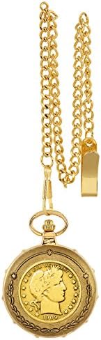 Gold-Layered Silver Barber Half Dollar Goldtone Train Pocket Watch with Skeleton Movement