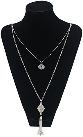 Antique Silver 2 Layers Tassels Fatima Eyes Rhombus Pendant Long Chain Necklace