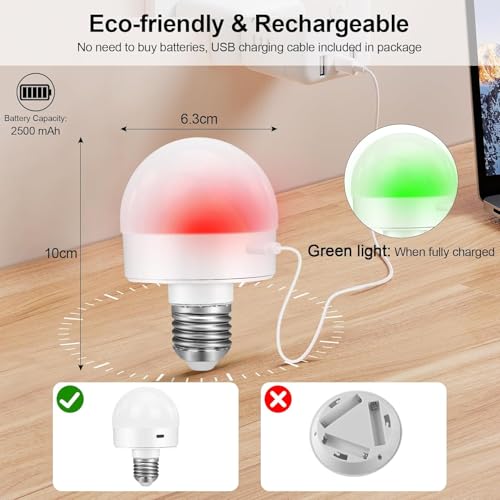 E27 Battery Operated Light Bulb, 2 Pack Rechargeable Cordless Bulbs with Remote Control, Detachable Magnetic Charging, Dimmable LED Bulb with 3 Color Temperatures & Timer for Lamps