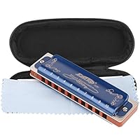 Professional Harmonica Blues Key of C 10 Hole 20 Tone Heavy Duty with Case & Cleaning Cloth for Professional Player, Beginner, Students, Children, Kids,by Eison-East Top,Blue,Best Gift