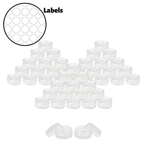 Houseables 3 Gram Jar, 3 ML Jar, 50 pcs,BPA Free, Cosmetic Sample Empty Container, Plastic, Round Pot Clear Screw Cap Lid, Small Tiny 3g Bottle, for Make Up, Eye Shadow, Nails, Powder, Paint, Jewelry