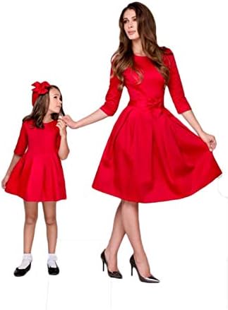 WIWIQS Mom and Me 3/4 Sleeve Solid Color Bowknot Swing Midi Homecoming Dress