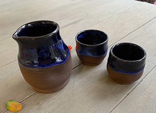 Brown and Blue Sake set, handmade pottery bottle and shot glasses - Thumbnail 3