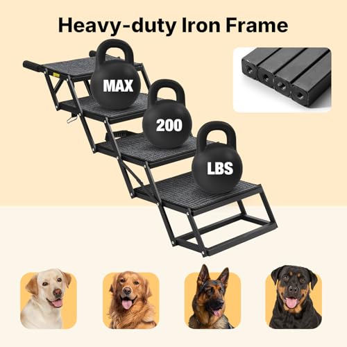 Veehoo 17" Wide Dog Stairs for Large Dogs, 4 Steps Foldable Dog Steps for Car SUV Truck, Heavy Duty Outdoor Pet Ramp Ladder with Detachable Non Slip Surface, Support Up to 200lbs