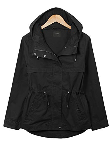LE3NO Womens Lightweight Solid Anorak Hoodie Jacket with Drawstring Waist, Black, Small - Thumbnail 4