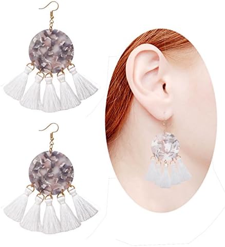 Acrylic Dangle Earrings For Women Girls Bohemian statement Resin Disk Thread Tassel Drop Earrings (White)