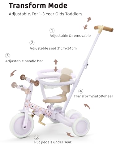 newyoo Lume TR008 Tricycle for Toddlers 1-3, 5-in-1 Push Bike with Parent Handle & Safety Guard, Convertible Balance Bike, Ideal Gift for 1-3 Year Olds, Lilac