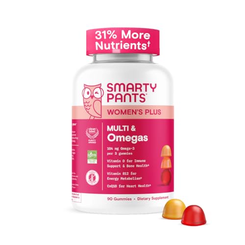 SmartyPants Women’s Multivitamin Gummies – Improved Formula: Omega 3 (DHA/EPA), Methylfolate, CoQ10, Vitamin D3, C, Vitamin B12, B6, A, K & Zinc, Inositol, Gluten Free, 90 Count (30 Day Supply)