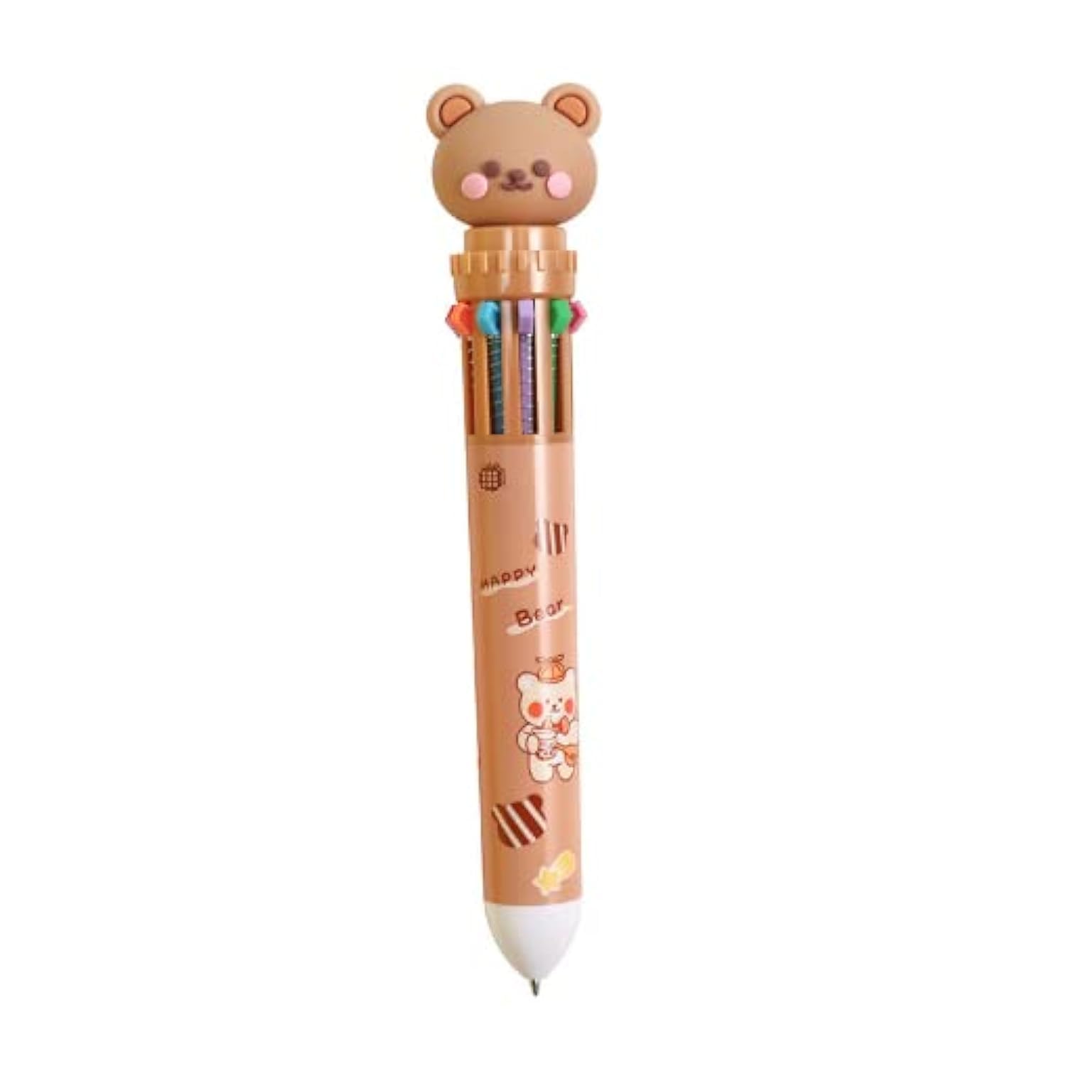 FEIFEI'S BOW Multicolor teddy bear Pens 0.5mm 10-in-1 Retractable Ballpoint Pens 10 Colors Transparent Barrel Ballpoint Pen for Office Supplies and kids school (Brown Bear)