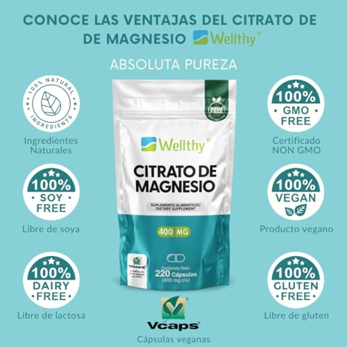 Wellthy Citrato de Magnesio Premium 220 Cápsulas 400mg. 100% Natural, Cápsulas Veganas, Bottle Free, Mas de 2 meses de porciones en 1 Solo Frasco.
