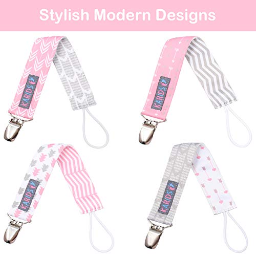 Pacifier Metal Clip (4 Pack) for Babies, Infants, and Toddlers - Unisex Modern Pacifier Holder for Binky, Soothie, Toys - Cute Durable Lightweight Baby Accessory -Girl Pack-