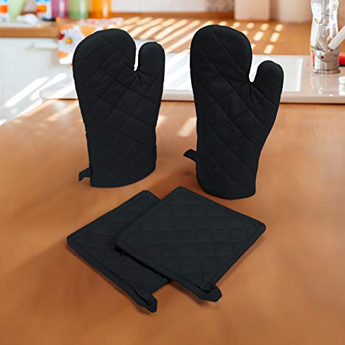 Native Fab Farmhouse Oven Mitts and Pot Holders Set of 4, Heat Resistant Non-Slip Machine Washable, 100% Cotton Kitchen Pot Holders Oven Mitts Sets Black