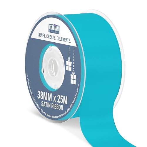 Italian Options Satin Ribbon, Fabric Ribbons for Gift Wrapping, Crafting, Balloons, Wedding Car, Presents, Cake, Christmas, Birthday, Gift Wrap Accessories, 38mm Wide x 25 Metre Roll, Turquoise