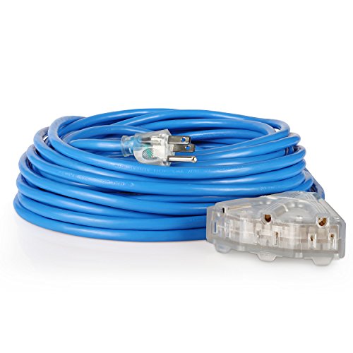 Miusco 50 ft 12 Gauge Heavy Duty Outdoor Extension Cord, 3 Prong, 12/3 SJTW, Triple Outlets, Lighted Plug, Fluorescent Blue