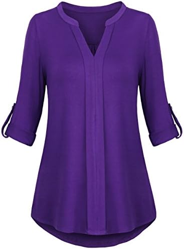 HNNATTA 3/4 Sleeve Blouses For Women, Roll up Sleeve Pullover Blouses Notch Neck Comfy Loose Fitting Tops Purple X-Large