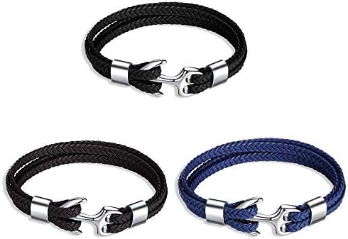 Unendlich UInfinite U Mens Boys Bracelet, Cowhide Leather Braided Bracelet, Multi-Layer Wrap Bangle, Vintage Metal Anchor Buckle, 8.86"