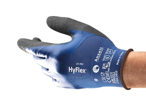 Ansell HyFlex 11-925 Professional Work Gloves, Waterproof and Oil-Resistant Nitrile Coating, Multipurpose Protection, Mechanical and Industrial Safety, Blue, Size S (1 Pair)