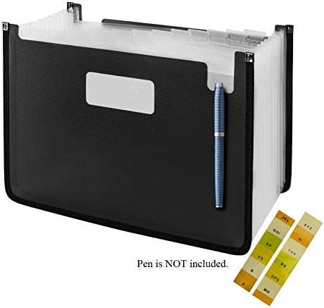 12 Pockets Expanding Files Large Capacity A4 Letter Size Colorful File Organizer Plastic Stand Expandable Portable Accordion Folder Business File Paper Organizer Bag (Black&amp;Clear)
