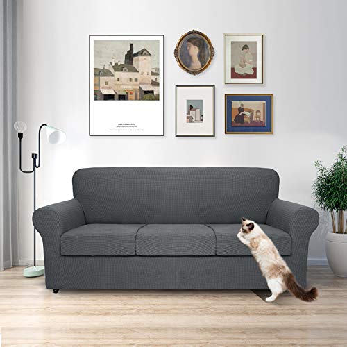 MAXIJIN 4 Piece Couch Covers for 3 Cushion Couch Super Stretch Sofa Cover for Dogs Pet Proof Fitted Furniture Protector Spandex Jacquard Non Slip Magic Sofa Slipcover Washable (Large, Gray)