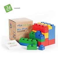 UNiPLAY Mix Plus Series Soft Building Blocks - Non-Toxic, & BPA-Free - 34-Piece Multi-Color Set