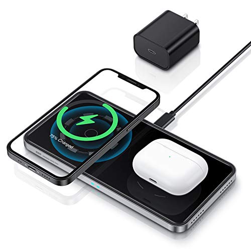 ESR HaloLock 2-in-1 Magnetic Wireless Charging Station [Automatic Magnetic Alignment] [Includes Fast Charging Adapter] for iPhone 12/12 Pro/12 Mini/12 Pro Max, AirPods, Black