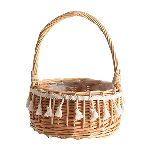 Ladeyi Handmade Classic Flower Girl Basket Natural Burlap with Lace Basket Tassel Portable Flower Basket Flower Basket Flower Basket Flower Decorated for Wedding