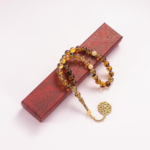 1 pc Amber Tasbih with Certificate, 33 Beads Misbaha for Daily Dhikr and Meditation, Elegant Gift for Men, Husband, Father or Brother, Ramadan, Eid or Birthday Gift with Premium Gift Box