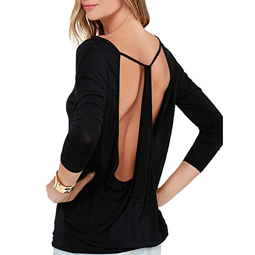 Jevole Women's Long Sleeve T-Shirt Backless Top Loose Casual Yoga Blouse(Black,L?