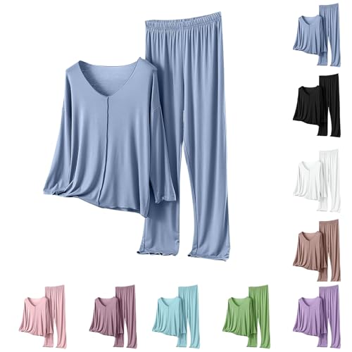 Bride Pjs Pyjamas for Women 2 Piece Set Summer Long Sleeve V-Neck Pullover Top & Wide Leg Trousers Lightweight, Elastic Waist, Loose Fit Couples Pajamas