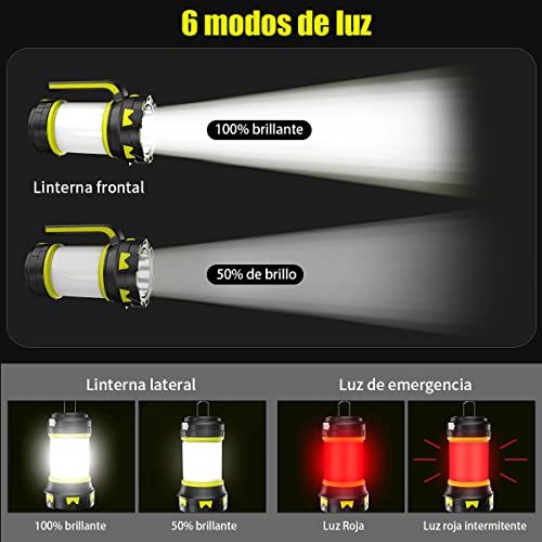 Linterna de Cámping Recargable USB, 6 modos Lámparas de Mano Súper Brillante Portátil perfecto para acampar,caminar Pesca Emergencia y Más