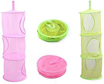 leyoubei Organize the suspension of storage items, Mesh Hanging Storage with 3 Compartments, while neatly organizing children's toys and stuffed animals,27x10.35" 2 pack (Pink and green)