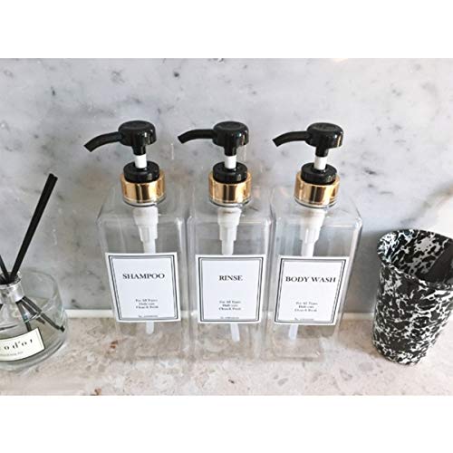 HARRA HOME Modern Gold Design Pump Bottle Set 27 oz Refillable Shampoo and Conditioner Dispenser Empty Shower Plastic Bottles with Pump for Bathroom Lotion Body wash, Pack of 3 (Clear & Black)