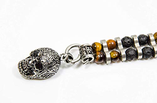 Handgefertigte Halskette Rosenkranz Totenkopf Kette für Männer Herren aus Lava Vulkan Tigerauge Halbedelstein Bikerkette aus Edelstahl Y Kette Unisex – Bild 3