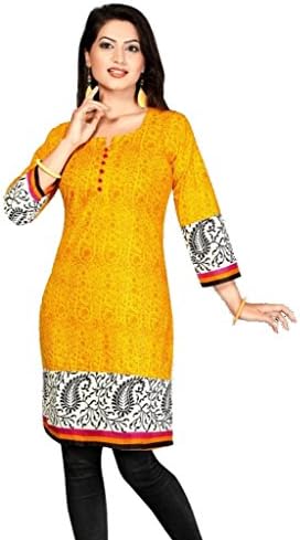 Taj Fashion Womens Cotton Indian Tunic Top Kurti Printed Blouse from India Yellow L
