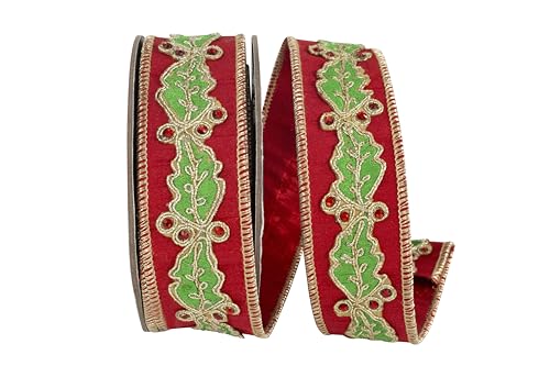 Ribbon - Holly Leaf Jewel Embroidery Overlay Dupioni Lame Red Backed Wired Edge…