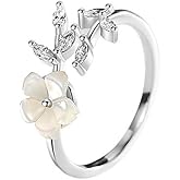 Dainty CZ Flower Leaf Open Adjustable Rings for Women Silver Plated Hypoallergenic Cubic Zirconia Crystal Floral Leaves Wrap Finger Band Ring Wedding Promise Love Statement Unique Jewelry for Her