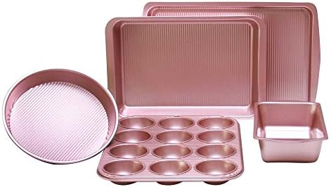 5 Piece Bakeware Set Nonstick-Baking Sheet with Cake Loaf and Muffin Pans and Square Baking Pan - also has Large Roasting Pan - Non Stick Carbon Steel Metal Bakeware