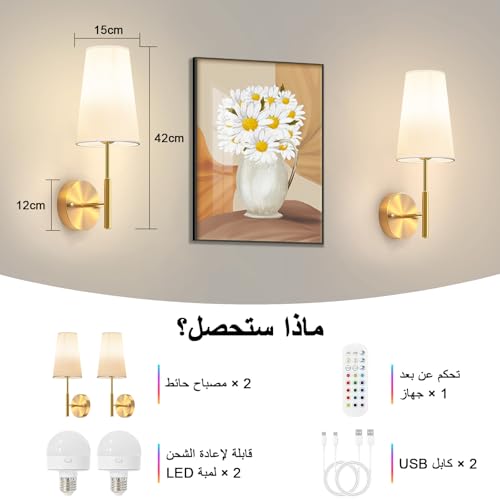 Bacane Wall Lights, Battery Operated Wall Sconce, Wireless Dimmable Wall Lamp with Remote Control for Bedroom, Living Room, 2 Pack (Bulbs Included)