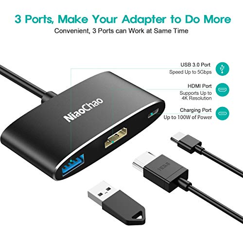 USB C to HDMI Adapter USB 3.1 Type C Thumderbolt 3 to HDMI,4K HDMI Output,USB 3.0 Port and USB-C Charging Port Compatible with MacBook/MacBook Pro/MacBook Air/iPad Pro/S8+/S9+/Projector/Monitor