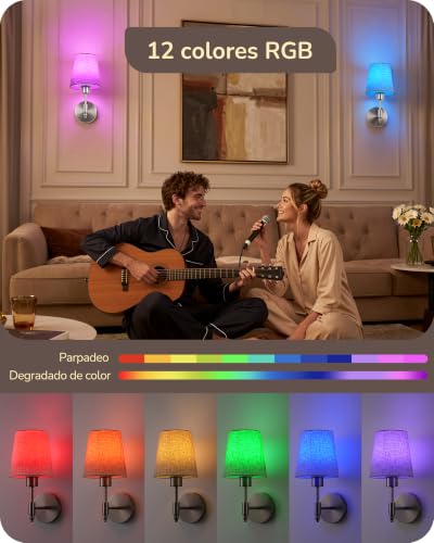 EDISHINE Wireless Wall Sconce with Remote Control, 12 RGB Colors | Set of 2 Dimmable Magnetic LED Rechargeable Wall Lamps, 3000-6500K, Timer, for Bedroom, Staircase