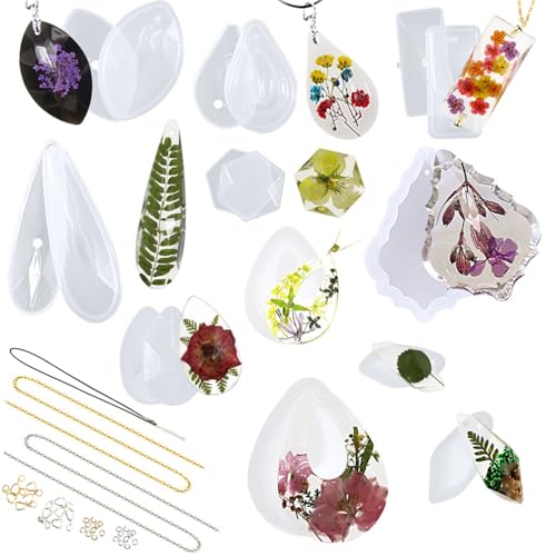 Funshowcase Necklace Pendant and Earrings Epoxy Silicone Molds with Hanging Holes, Jewelry Making Supply Set 44 Pack