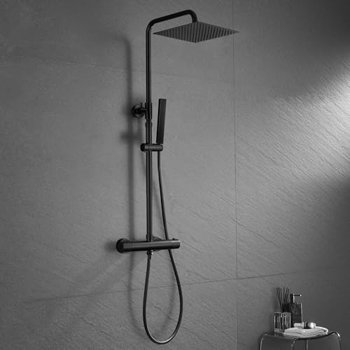 JOHO Thermostat Duschset aus Edelstahl, Wassersparend Duschsystem mit Thermostatarmatur und XL Kopfbrause 25x25cm Matt Schwarz