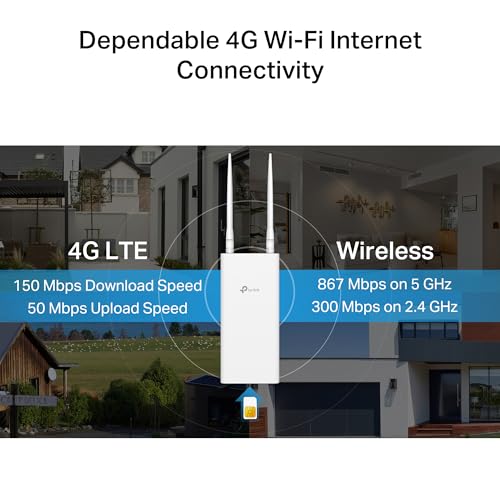 TP-Link Archer MR402-Outdoor 4G LTE External Router, WiFi AC1200Mbps Dual Band, IP65 Waterproof, PoE/DC Support, Cat4 up to 150Mbps, OneMesh Technology, Pole/Wall Installation, Plug & Play