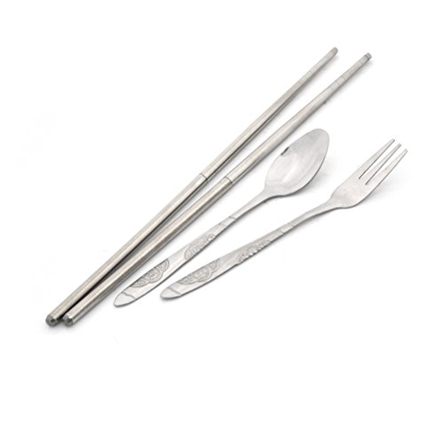 uhoMEy 3 Pcs Portable Tableware Set, Stainless Steel Cutlery Sets with Spoon, Chopsticks, Fork Storage Set - Thumbnail 3
