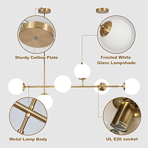 KCO Lighting 6 Light Milky Glass Chandelier, Modern Linear Globe Chandelier, White and Gold Pendant Lamp Mid-Century Rectangular Chandelier for Kitchen Island