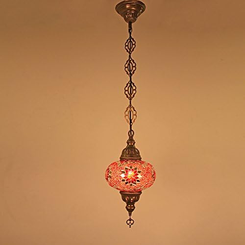 Woodymood Ceiling Mosaic Chandelier, Handmade, Turkish, Moroccan, Brass&amp;Glass 6.5 " Globe (Red)